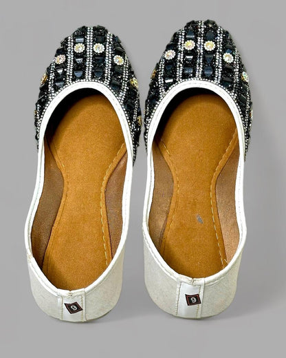 Artisanal Black and White Women Shoes with Stonework Inspired by Rajasthani Mojari Craftsmanship