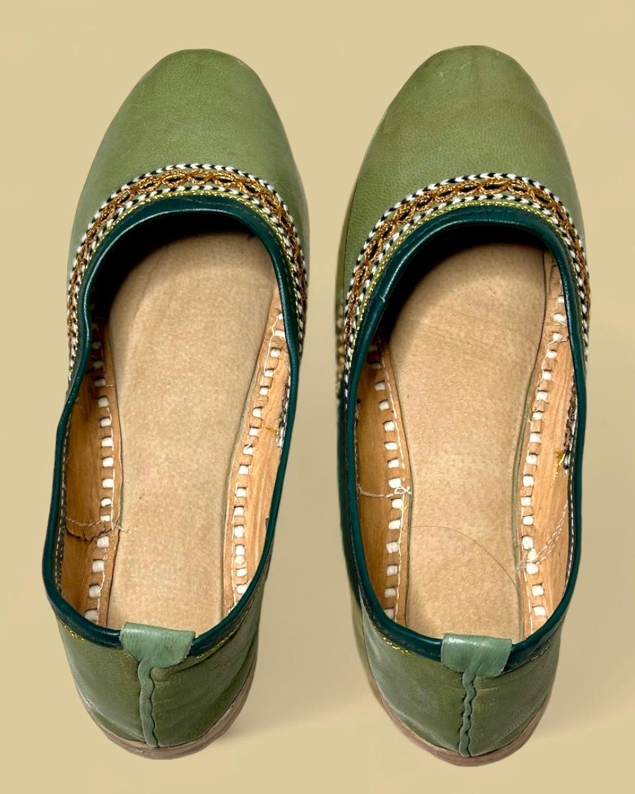 Artisanal Green Leather Slip-on Women Shoes with Embroirdery Inspired by Rajasthani Mojari Craftsmanship