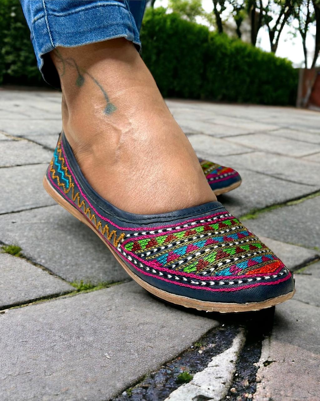 Artisanal Blue with Embroidery Leather Slip-on Women Shoes Inspired by Rajasthani Mojari Craftsmanship