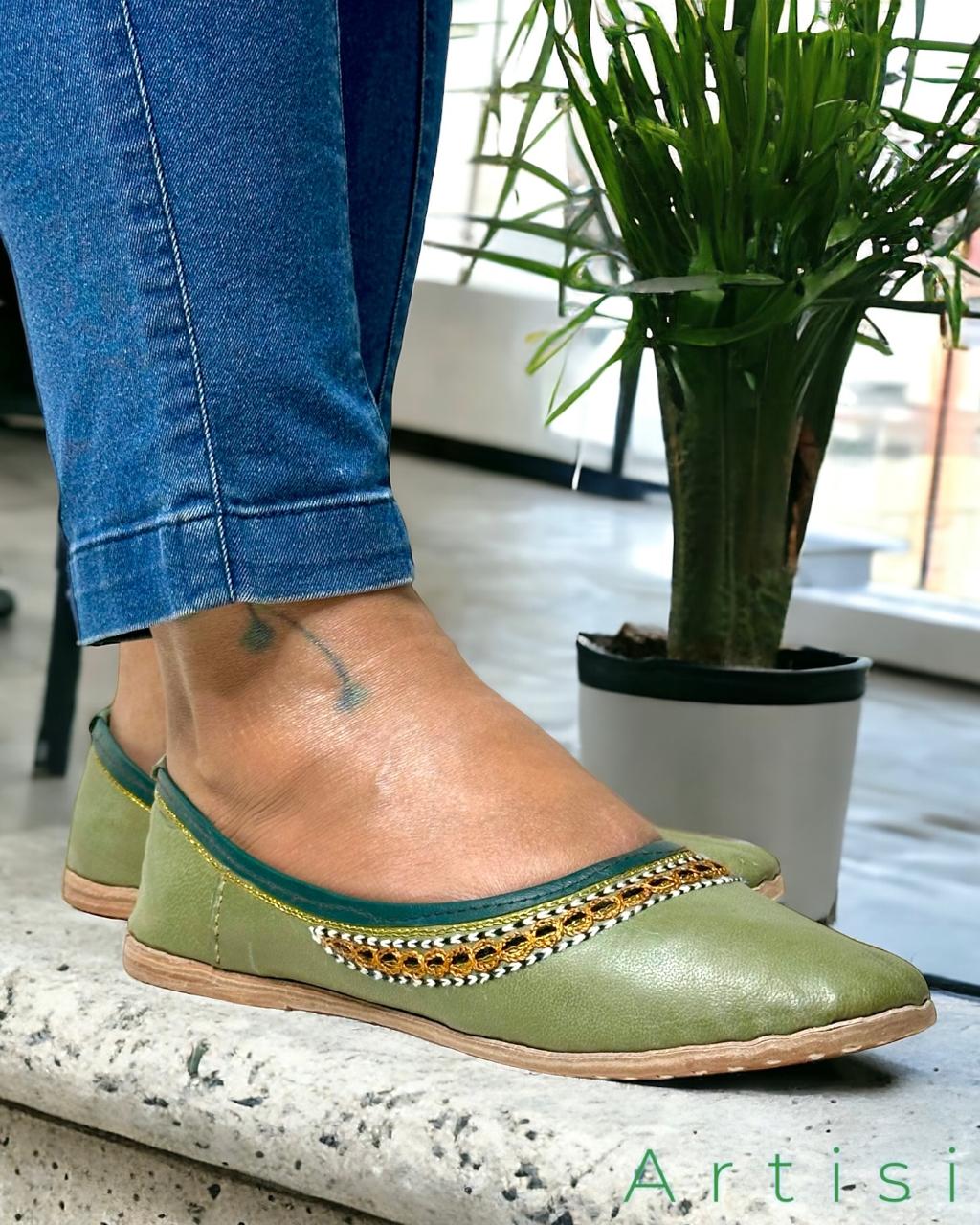 Artisanal Green Leather Slip-on Women Shoes with Embroirdery Inspired by Rajasthani Mojari Craftsmanship