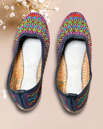 Artisanal Blue with Embroidery Leather Slip-on Women Shoes Inspired by Rajasthani Mojari Craftsmanship