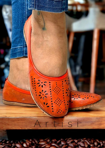 Artisanal Orange Leather Slip-on with Cutwork Inspired by Rajasthani Mojari Craftsmanship