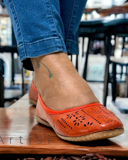 Artisanal Orange Leather Slip-on with Cutwork Inspired by Rajasthani Mojari Craftsmanship