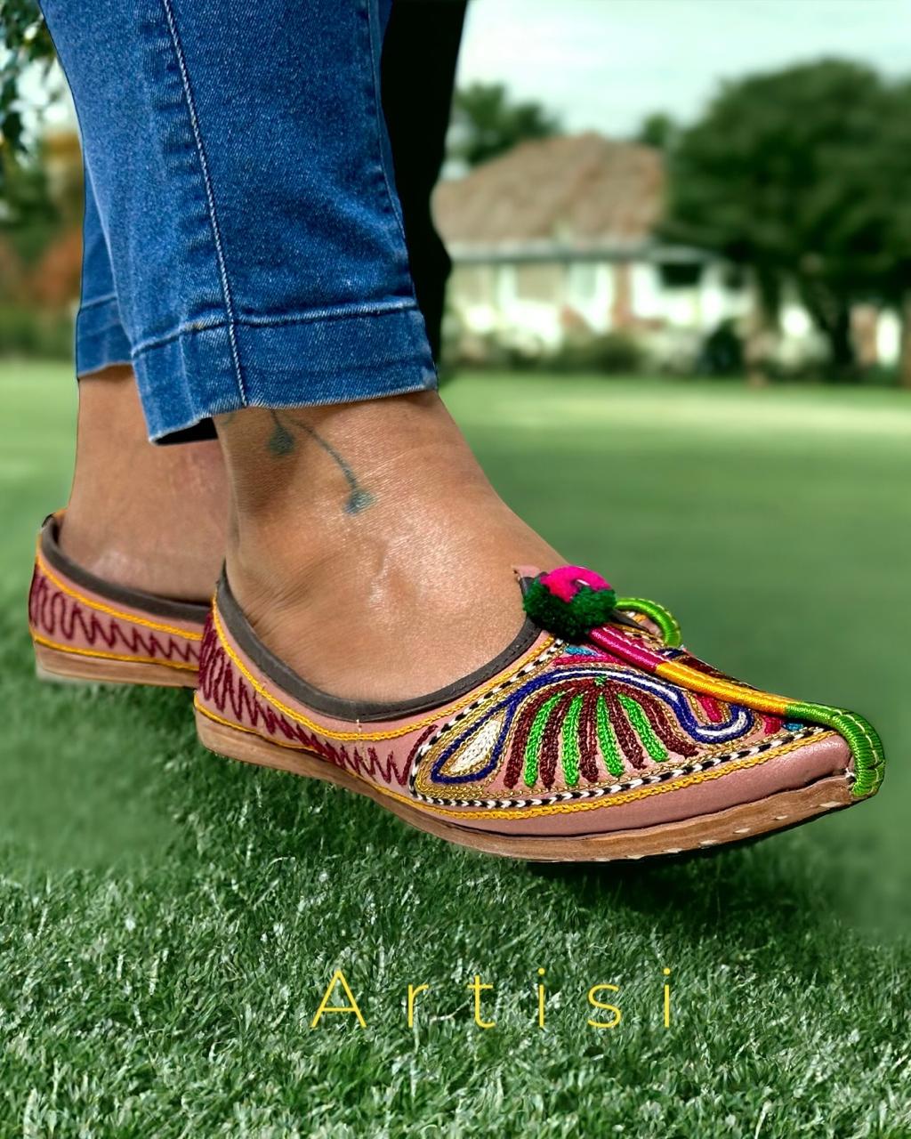 Artisanal Multicolor Leather Slip-on Women Shoes Inspired by Rajasthani Mojari Craftsmanship