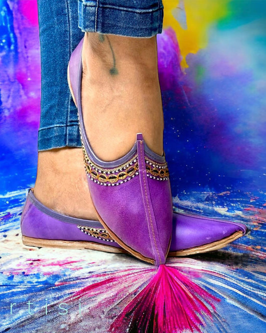 Artisanal Purple Pure Leather Slip-on Women Shoes with Embroidery Inspired by Rajasthani Mojari Craftsmanship