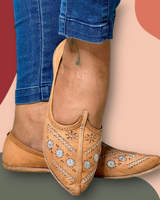 Artisanal Beige Leather Slip-on Women Shoes Inspired by Rajasthani Mojari Craftsmanship