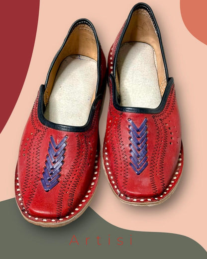 Artisanal Red Leather Slip-on Men Shoes Inspired by Rajasthani Mojari Craftsmanship