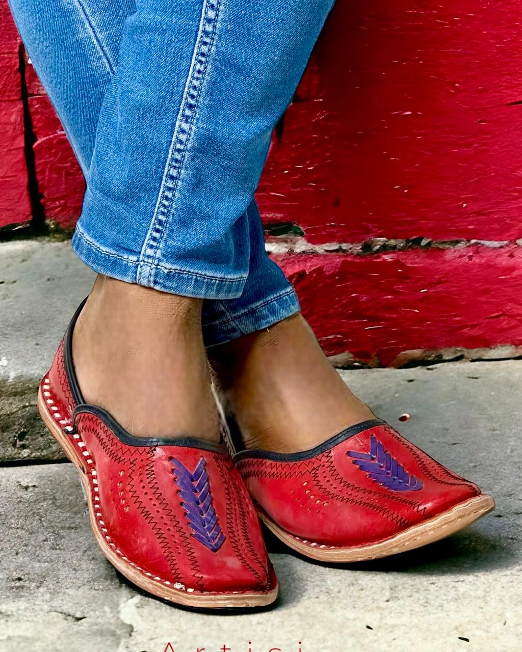 Artisanal Red Leather Slip-on Men Shoes Inspired by Rajasthani Mojari Craftsmanship