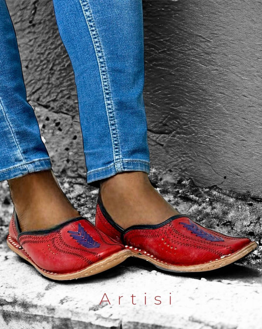 Artisanal Red Leather Slip-on Men Shoes Inspired by Rajasthani Mojari Craftsmanship