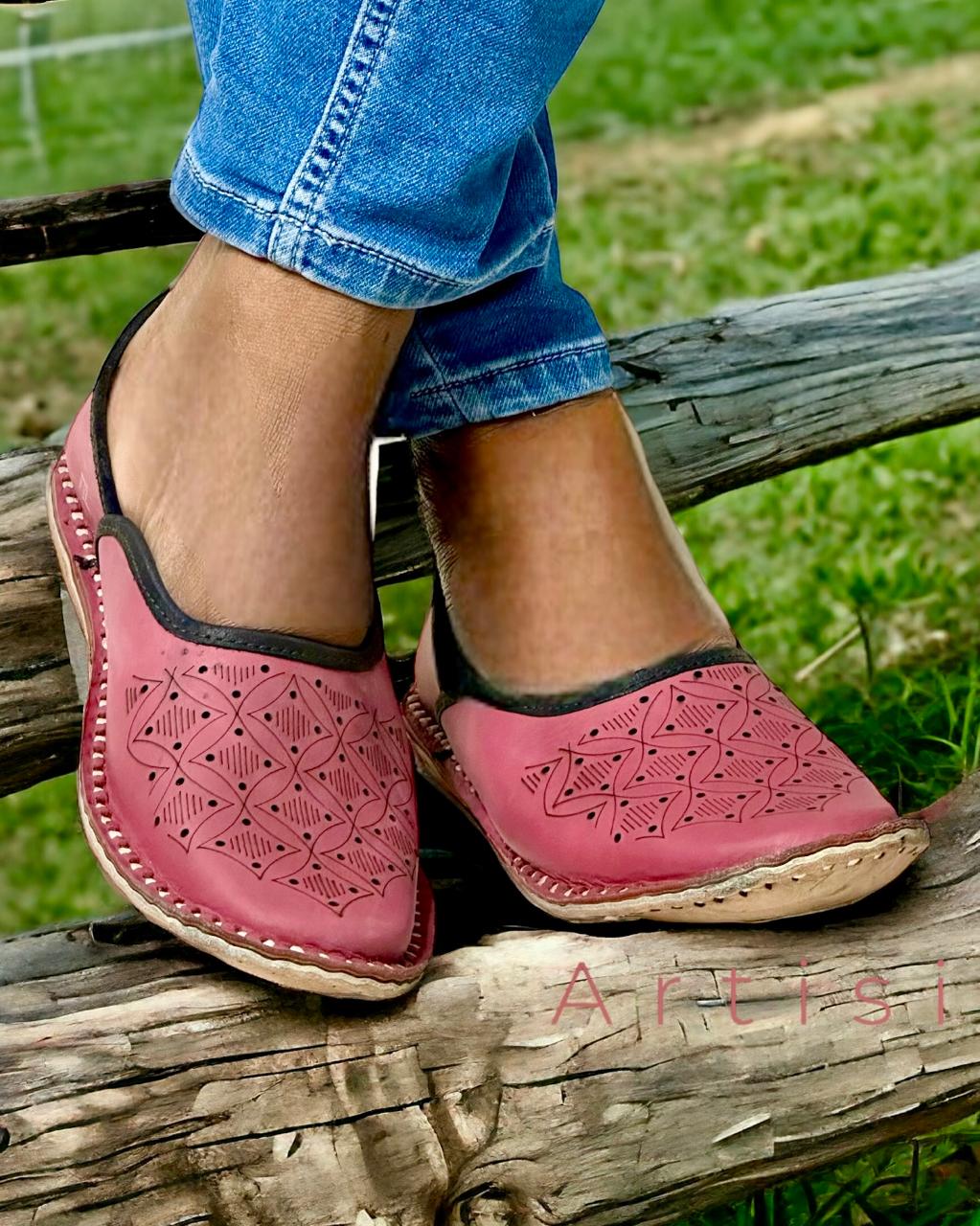 Artisanal Carrot Color Leather Slip-on Men Shoes Inspired by Rajasthani Mojari Craftsmanship