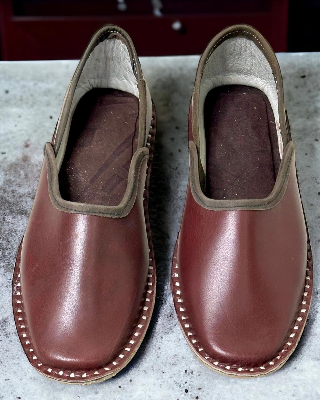 Artisanal Plum Color Leather Slip-on Men Shoes Inspired by Rajasthani Mojari Craftsmanship