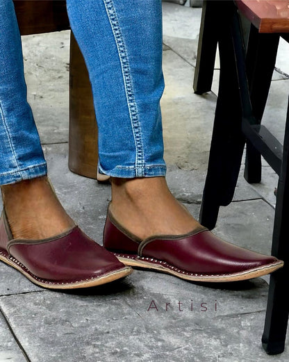 Artisanal Plum Color Leather Slip-on Men Shoes Inspired by Rajasthani Mojari Craftsmanship