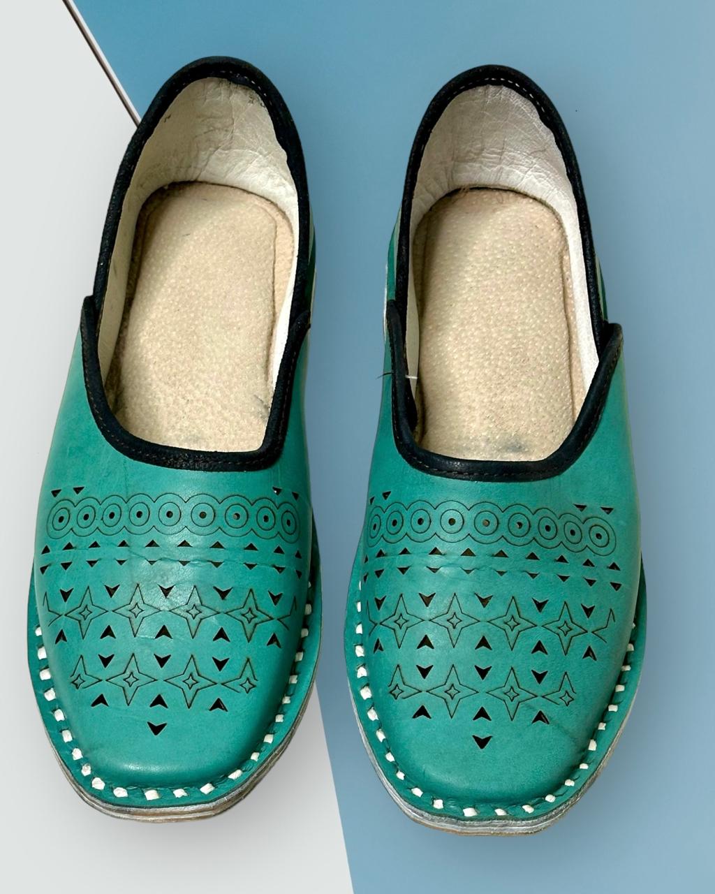 Artisanal Turquoise Green Leather Slip-on with Cutwork Men Shoes Inspired by Rajasthani Mojari Craftsmanship