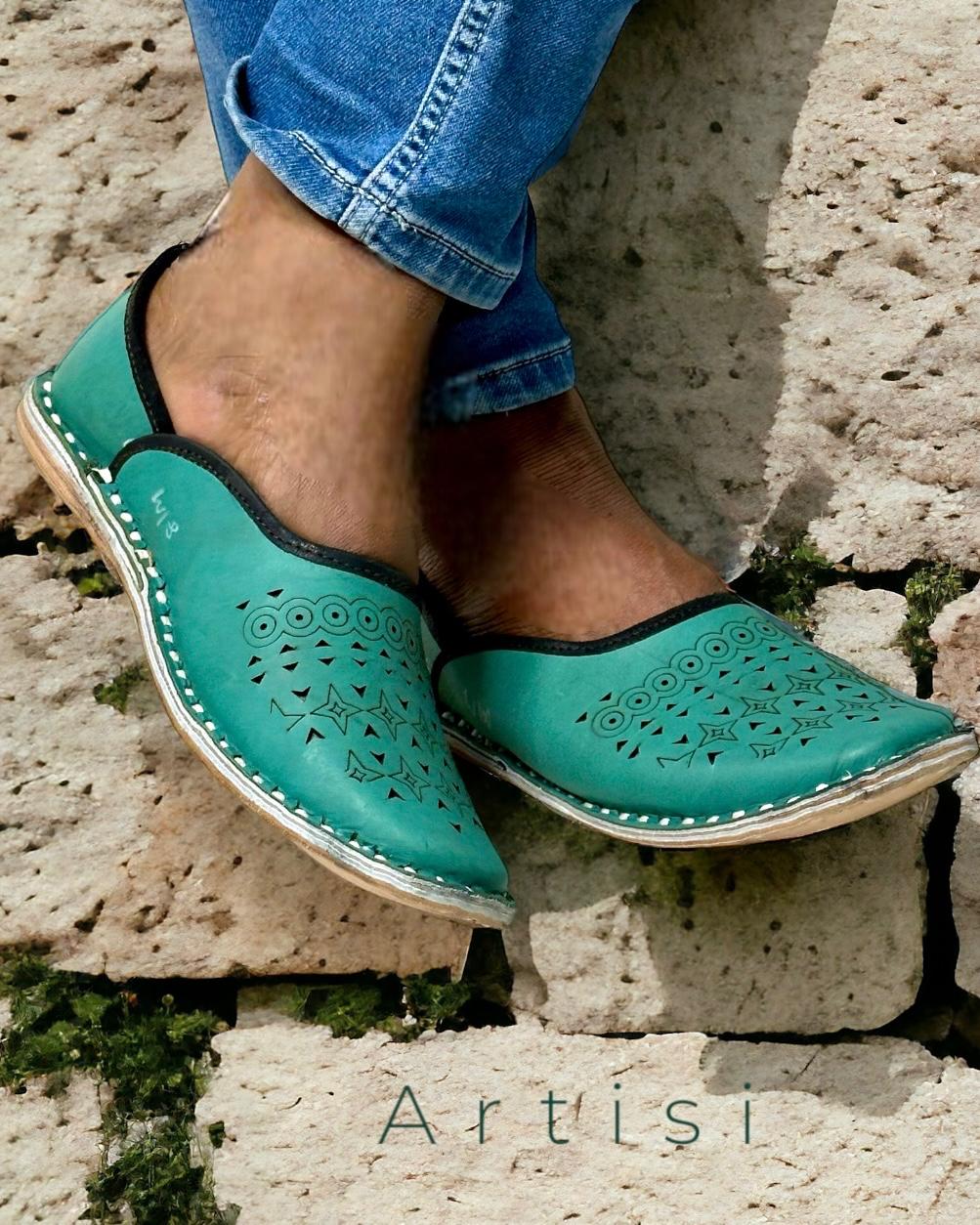 Artisanal Turquoise Green Leather Slip-on with Cutwork Men Shoes Inspired by Rajasthani Mojari Craftsmanship