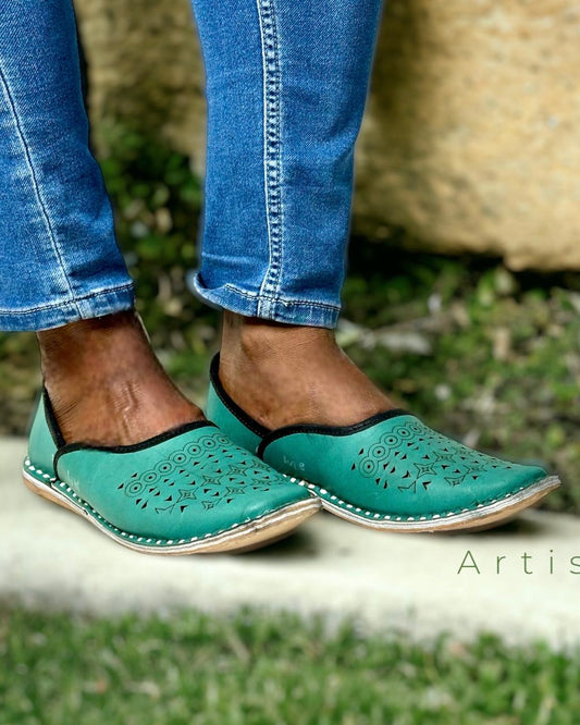 Artisanal Turquoise Green Leather Slip-on with Cutwork Men Shoes Inspired by Rajasthani Mojari Craftsmanship