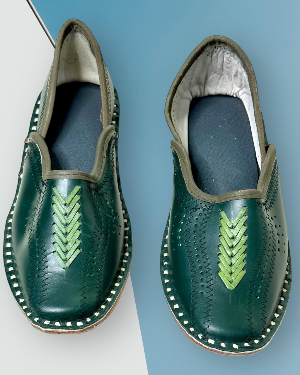 Artisanal Teal Green Leather Slip-on Men Shoes Inspired by Rajasthani Mojari Craftsmanship