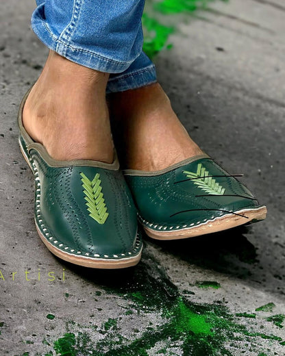 Artisanal Teal Green Leather Slip-on Men Shoes Inspired by Rajasthani Mojari Craftsmanship