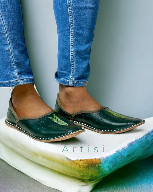 Artisanal Teal Green Leather Slip-on Men Shoes Inspired by Rajasthani Mojari Craftsmanship