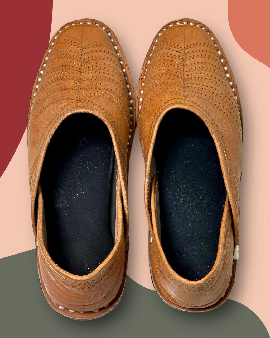 Artisanal Tan Leather Slip-on Men Shoes with Cutwork Inspired by Rajasthani Mojari Craftsmanship