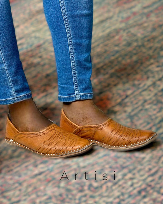 Artisanal Tan Leather Slip-on Men Shoes with Cutwork Inspired by Rajasthani Mojari Craftsmanship