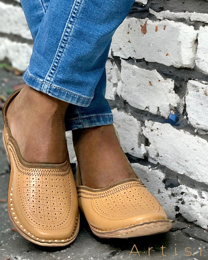 Artisanal Beige Leather Slip-on Men Shoes Inspired by Rajasthani Mojari Craftsmanship