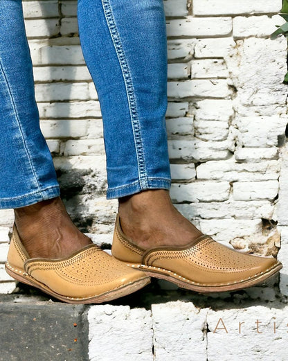 Artisanal Beige Leather Slip-on Men Shoes Inspired by Rajasthani Mojari Craftsmanship