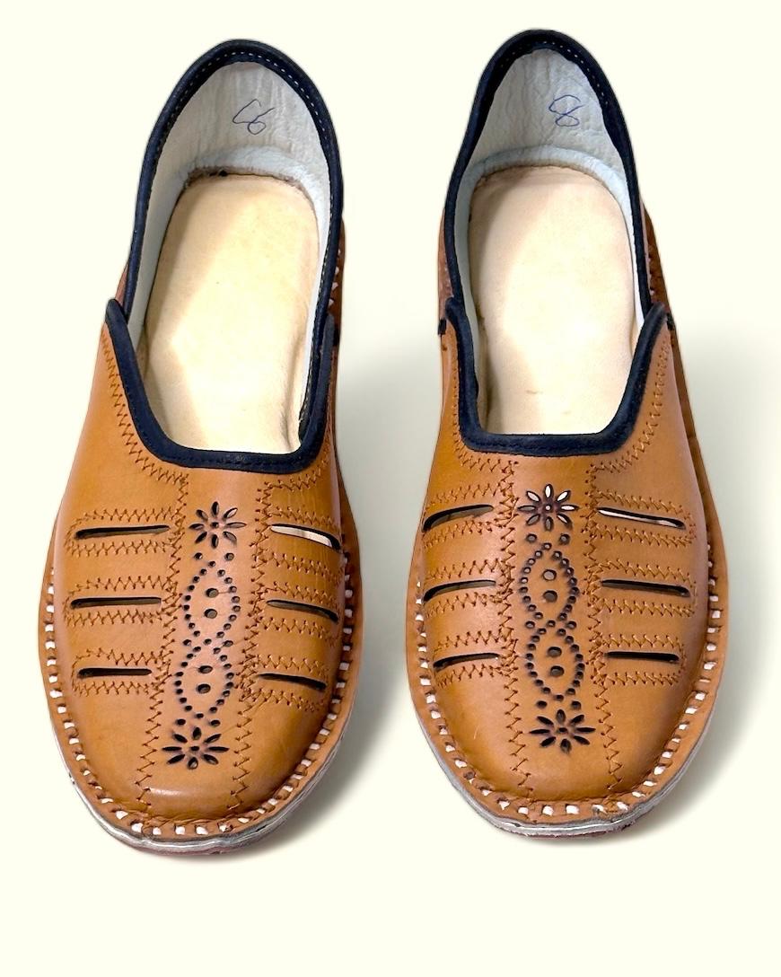 Artisanal Tan Leather Slip-on Cutwork Men Shoes Inspired by Rajasthani Mojari Craftsmanship