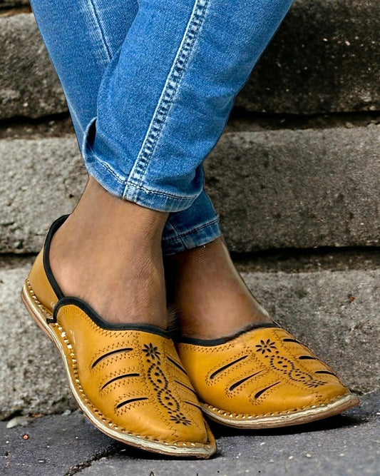 Artisanal Tan Leather Slip-on Cutwork Men Shoes Inspired by Rajasthani Mojari Craftsmanship