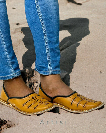 Artisanal Tan Leather Slip-on Cutwork Men Shoes Inspired by Rajasthani Mojari Craftsmanship