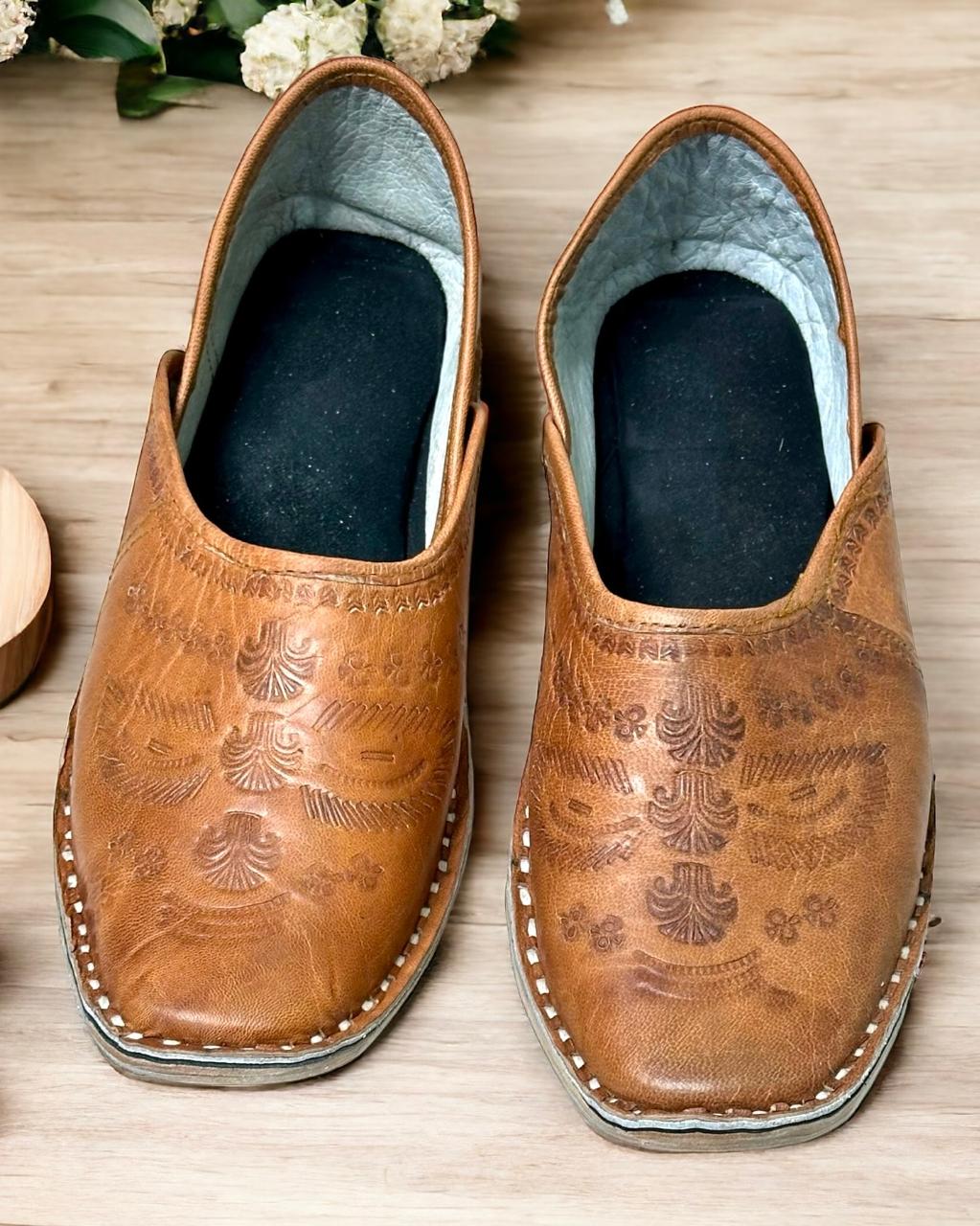 Artisanal Tan Leather Slip-on with Embossed Design Men Shoes Inspired by Rajasthani Mojari Craftsmanship