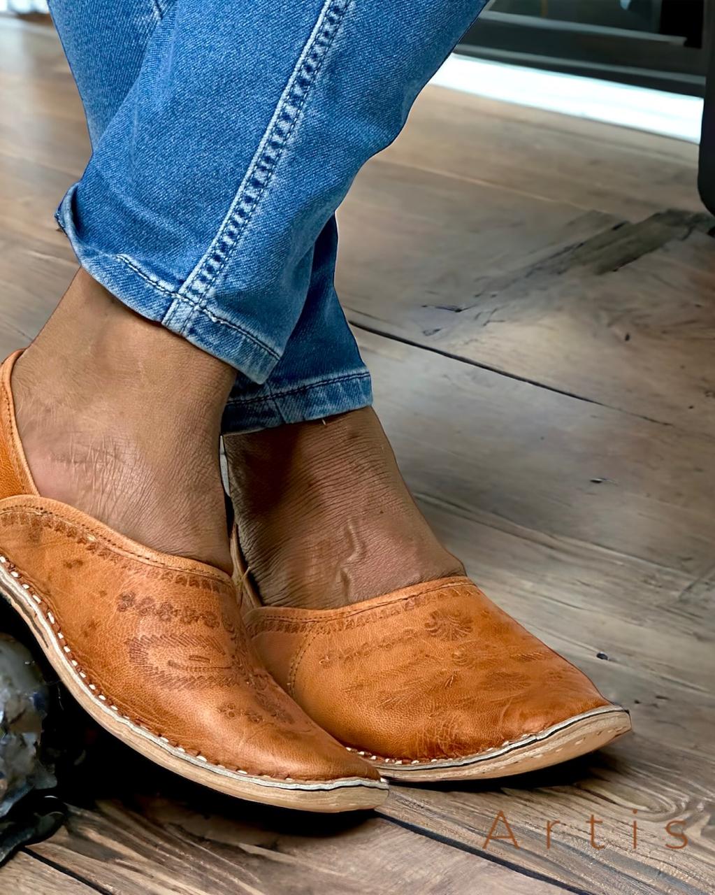 Artisanal Tan Leather Slip-on with Embossed Design Men Shoes Inspired by Rajasthani Mojari Craftsmanship