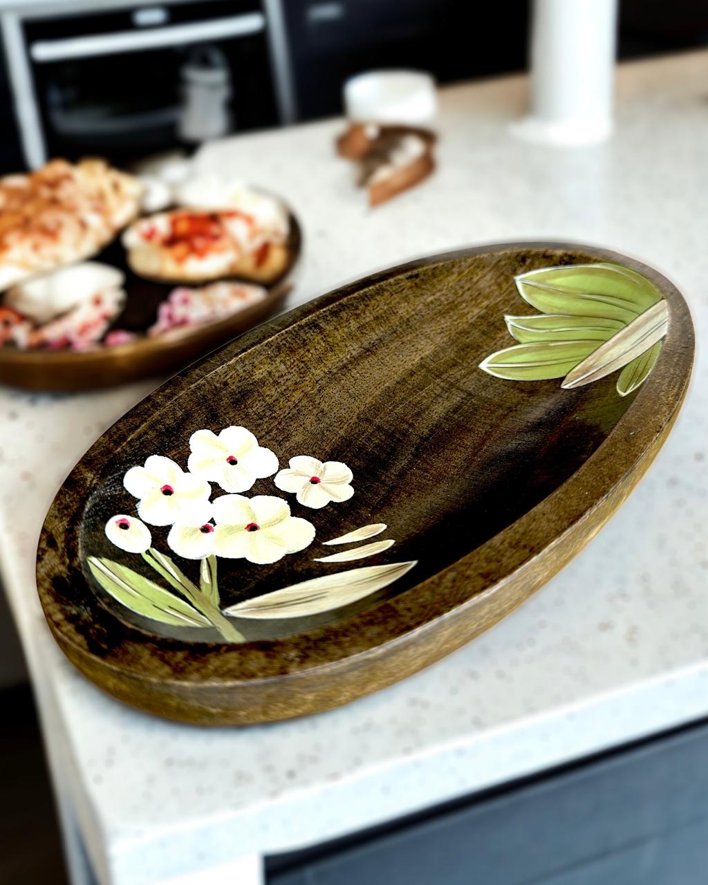 Oval Shaped Wooden Hand painted Serving Platter with Floral Design 10 inch