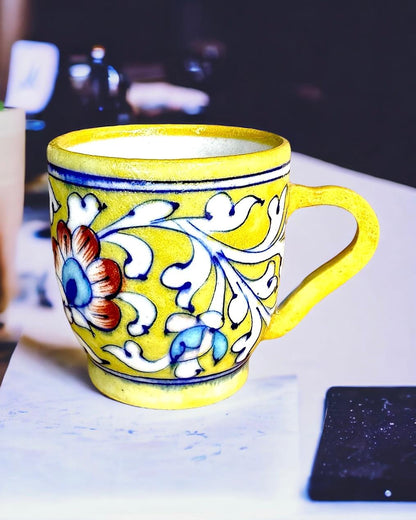 Blue Pottery Tea Coffee Mug Yellow Small- 3 inch