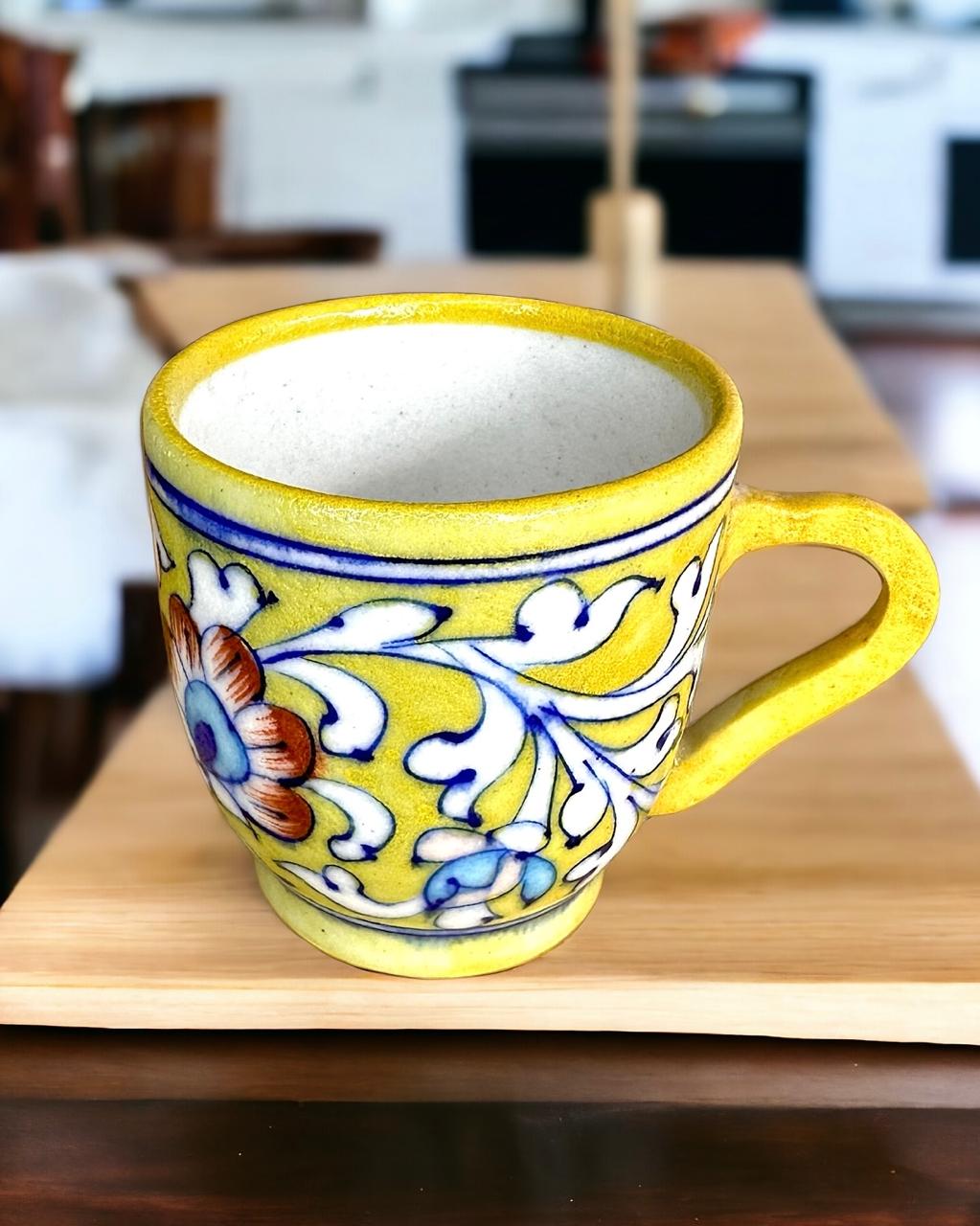 Blue Pottery Tea Coffee Mug Yellow Small- 3 inch