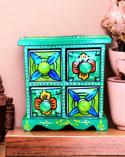 Handcrafted Decorative Wooden Closet with 4 Blue Pottery Drawers for Jewellery Multi Storage - (Green, Multicolor) Hand Painted