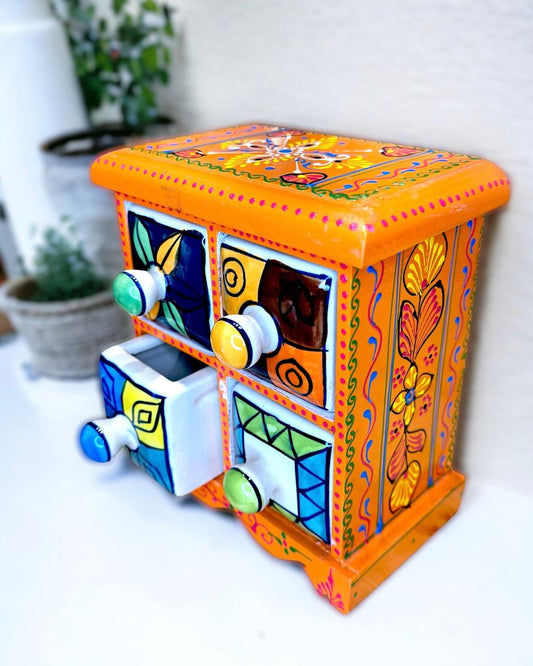 Handcrafted Decorative Wooden Closet with 4 Blue Pottery Drawers for Jewellery Multi Storage - (Orange, Multicolor) Hand Painted