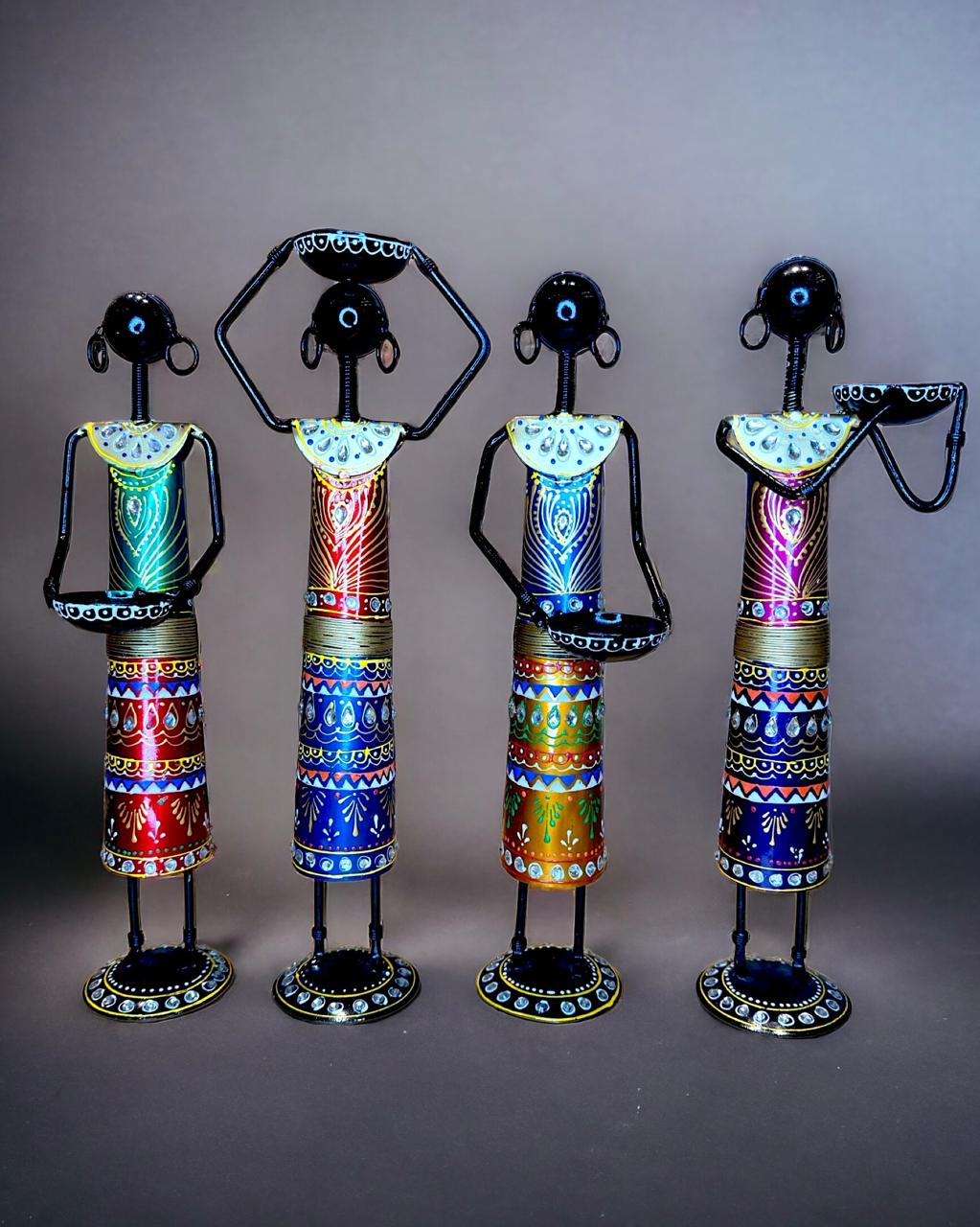 Black Tribal Ladies Set of 4, Handpainted Table Tealight Candle Holder