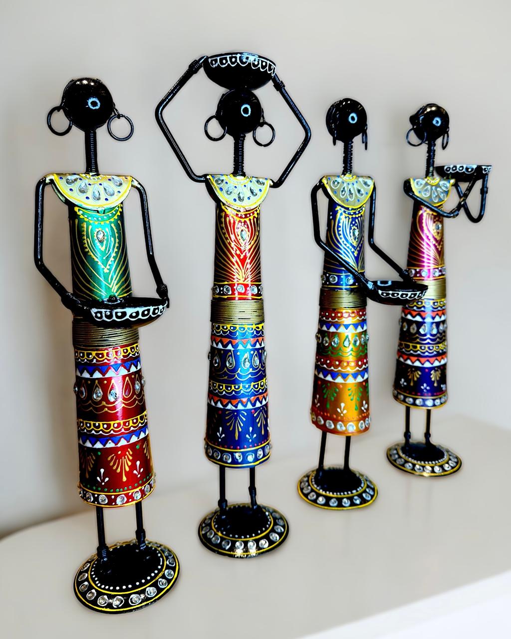 Black Tribal Ladies Set of 4, Handpainted Table Tealight Candle Holder