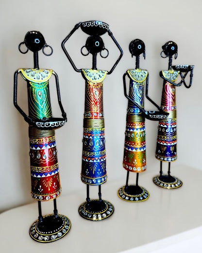 Black Tribal Ladies Set of 4, Handpainted Table Tealight Candle Holder