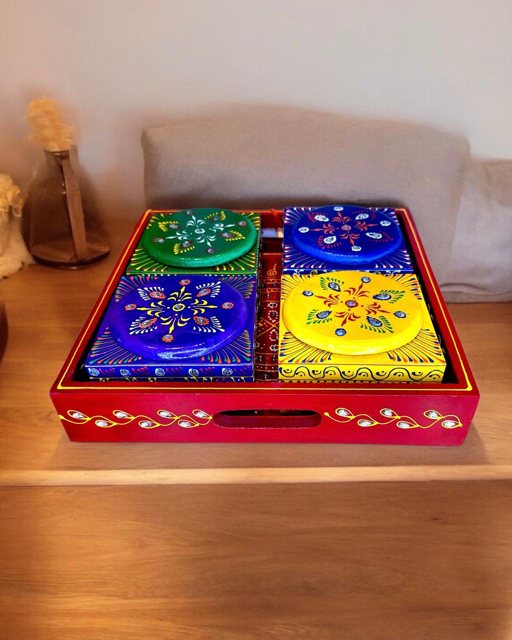 Revolving Hand Painted Tray with 4 Stainless Steel Bowls