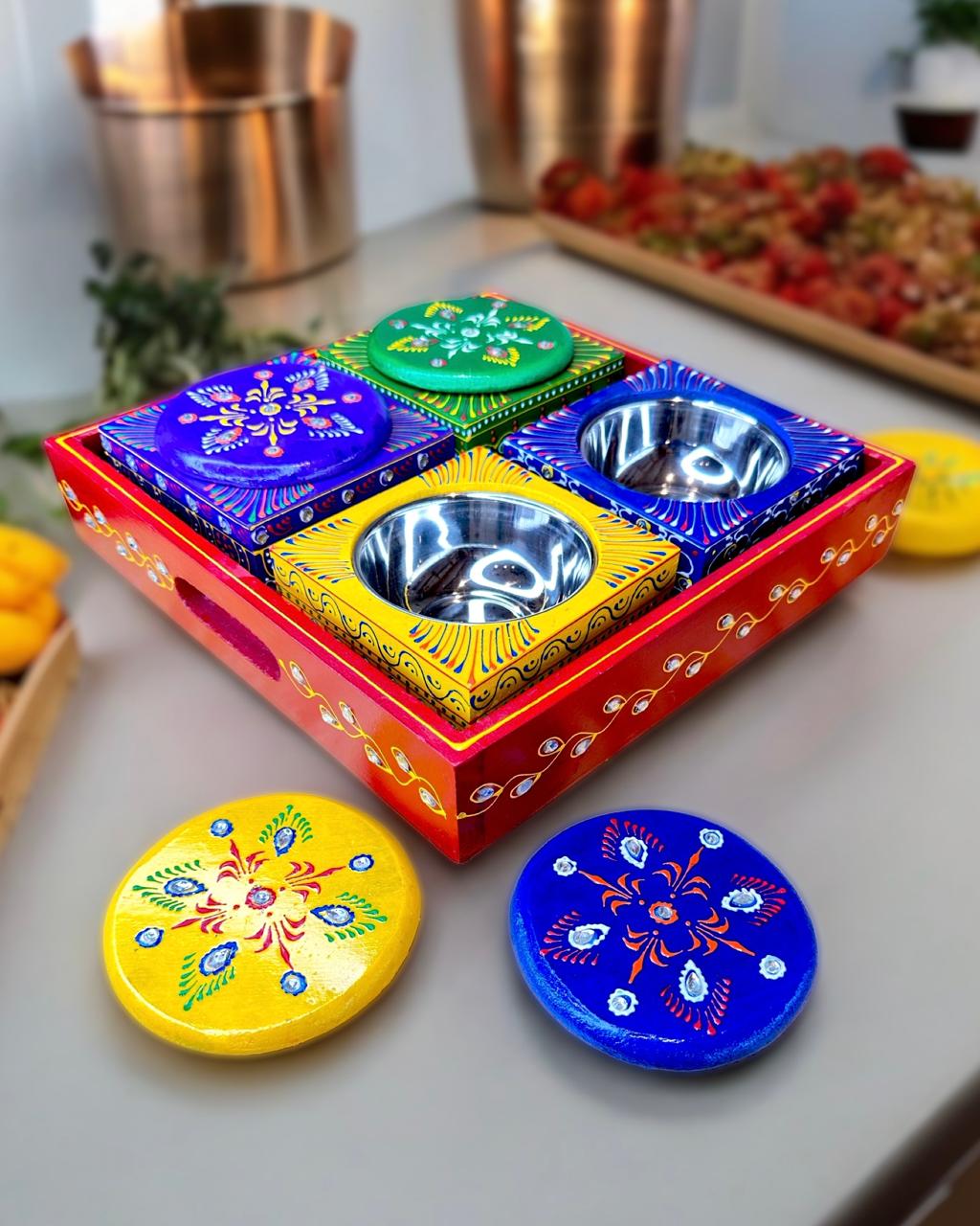 Revolving Hand Painted Tray with 4 Stainless Steel Bowls