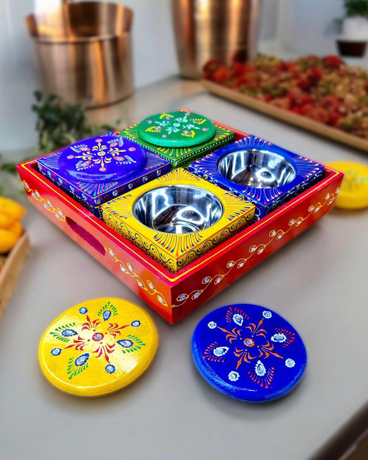 Revolving Hand Painted Tray with 4 Stainless Steel Bowls