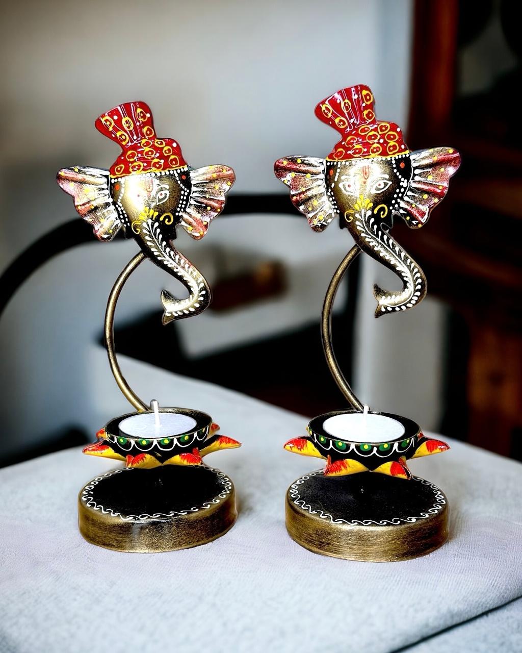 Handcrafted Metal Ganesha Tealight Candle Holder for Home Décor Set of 2