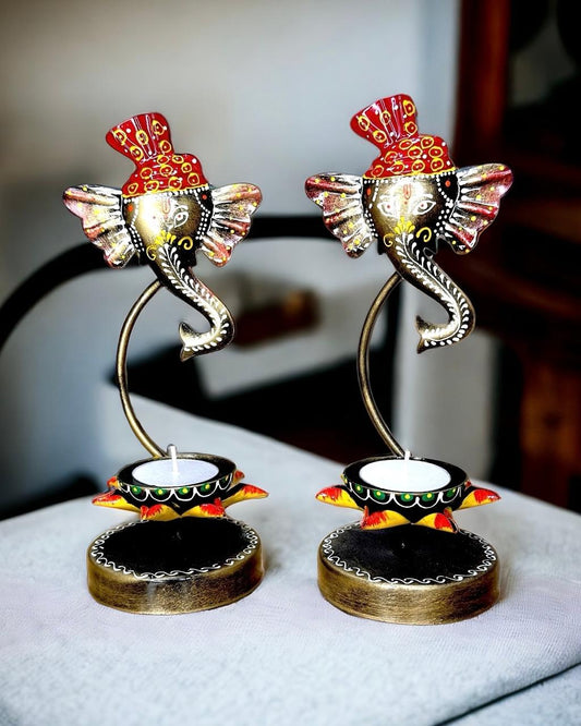 Handcrafted Metal Ganesha Tealight Candle Holder for Home Décor Set of 2