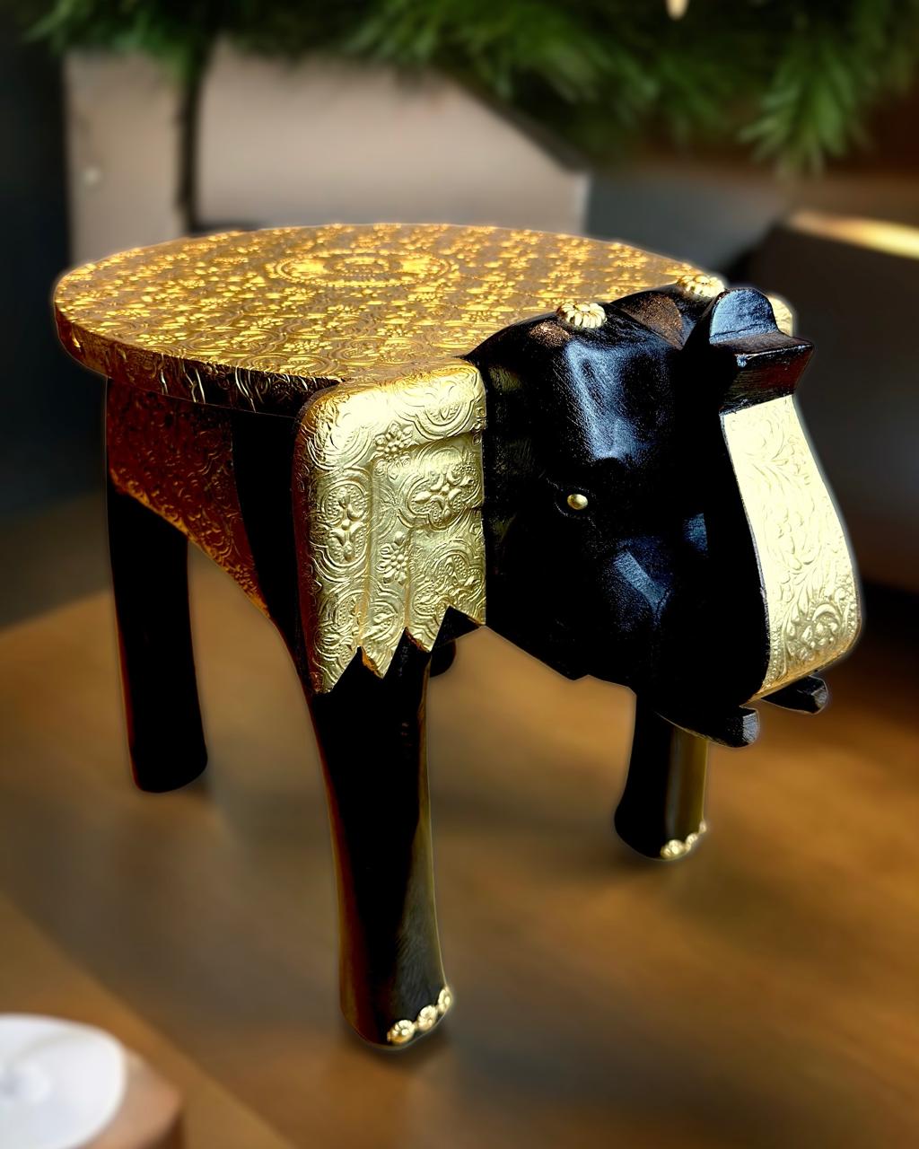 Handcrafted Elephant Stool Fitted with Pure Brass Embossed Sheet 12 inch