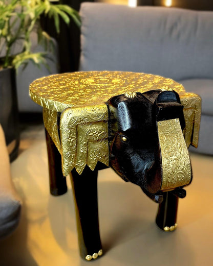 Handcrafted Elephant Stool Fitted with Pure Brass Embossed Sheet 12 inch