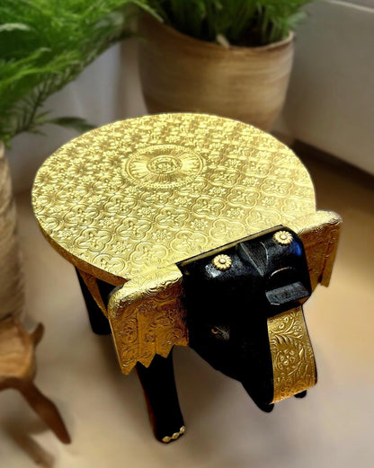 Handcrafted Elephant Stool Fitted with Pure Brass Embossed Sheet 12 inch