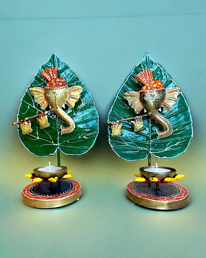 Handcrafted Leaf Ganesha Tealight Candle Holder for Home Décor Set of 2