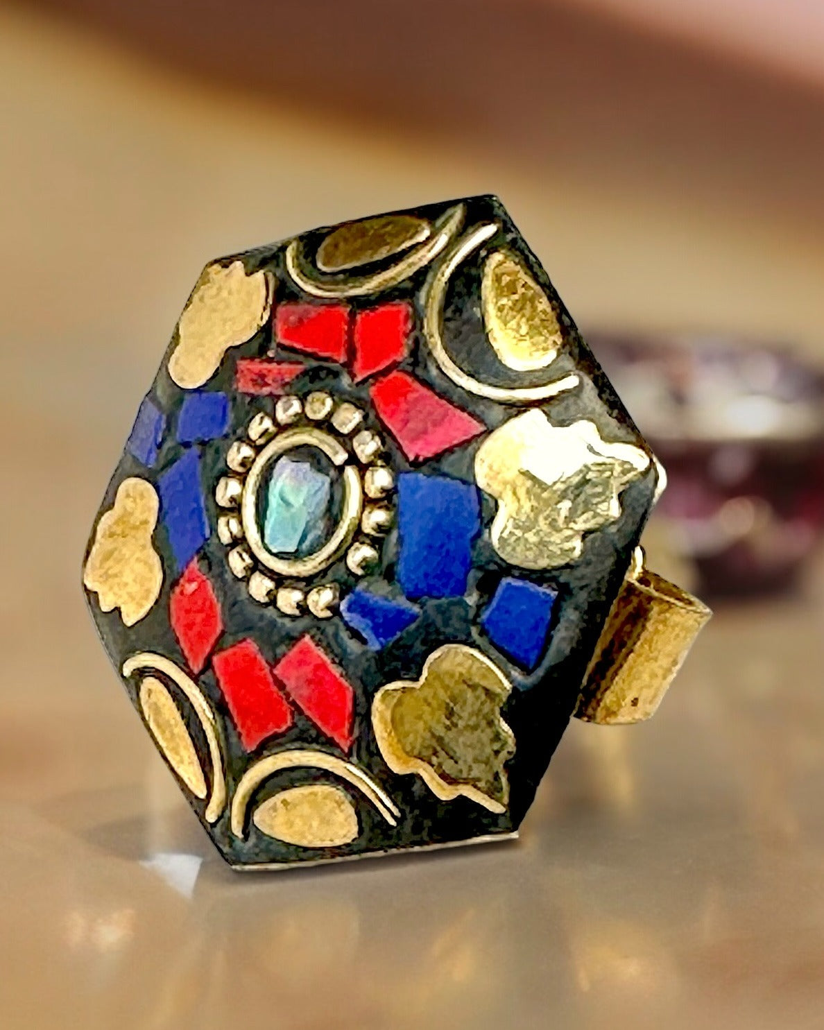 Brass Gold-plated Hexagon Shape Tibetan Jewellery Finger Ring Tribal Fashion Jewellery