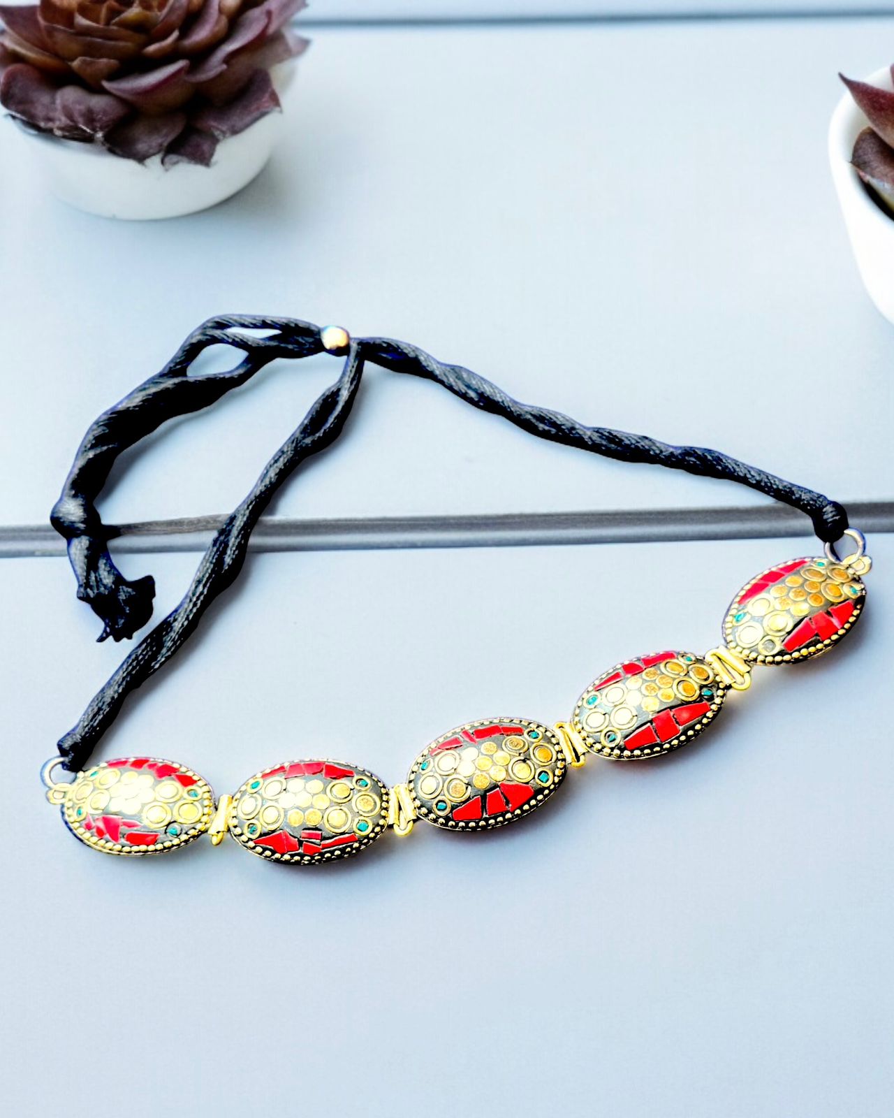 Boho Style Tibetan Laq Golden and Red Colour Choker Necklace